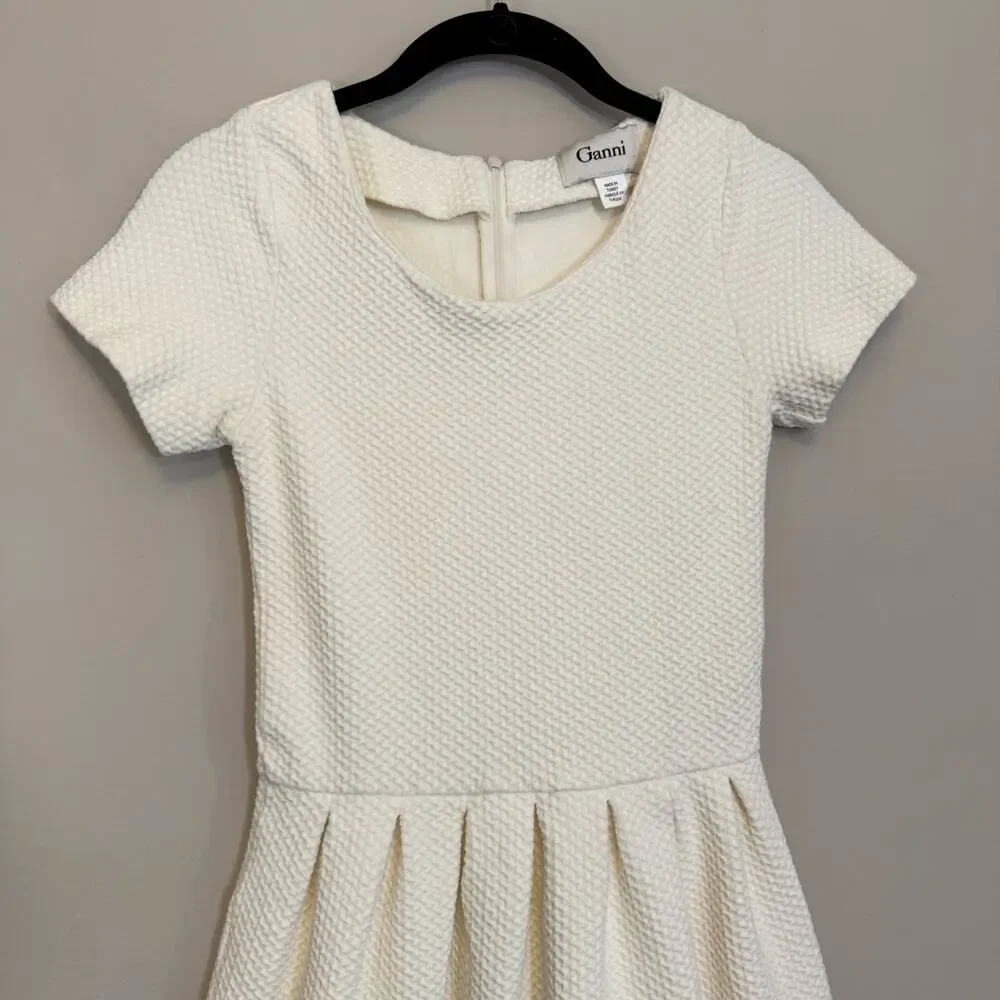 Anthropologie Ganni Textured Mini Dress Women S Cream Fit & Flare Short Sleeve - Picture 3 of 11